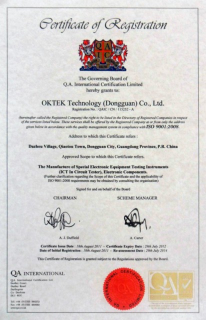 This is certificate of ISO9001 English language for OKTEK smt pcba second manufacturer